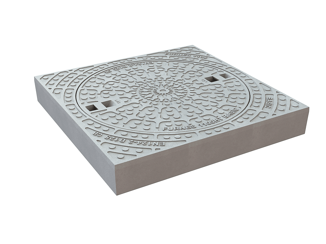 Square concrete manhole cover with a detailed circular embossed pattern and surrounding text bands (drain access).